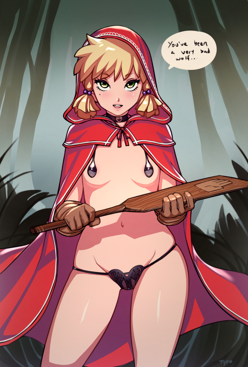 1girls beauty_mark black_thong blonde_hair breasts choker cleavage cloak clothing convenient_censoring covered_nipples dialogue english_text fairy_tales female female_only femdom green_eyes grimms'_fairy_tales handwear heart_choker human little_red_riding_hood little_red_riding_hood_(grimm) looking_at_viewer mole mole_under_eye navel neckwear optionaltypo outerwear paddle pale_skin panties partially_clothed pigtails public_domain small_breasts solo speech_bubble text thong thong_panties twintails weapon