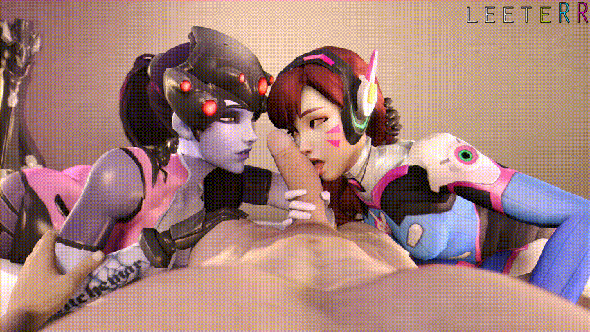 1boy, 2girls, 3d, animated, blizzard entertainment, blue hair, blue skin, bodysuit, brown hair, collaborative fellatio, d.va, double fellatio, fellatio, female, gif, gloved handjob, gloves, handjob, headgear, headphones, leeterr, licking, light skin, light-skinned female, light-skinned male, long hair, male, multiple fellatio, multiple females, multiple girls, oral, overwatch, penis, ponytail, pov, source filmmaker, teamwork, tied hair, whisker markings, widowmaker