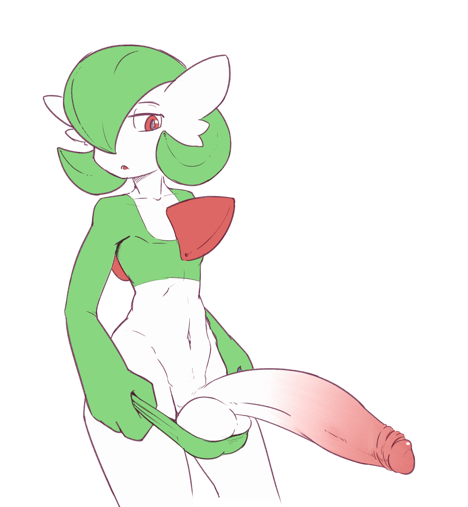 1boy, 4 fingers, alpha channel, balls, bare shoulders, big balls, big testicles, clothing, erection, femboy, foreskin, gardevoir, girly, green skin, hair, hair over one eye, half-closed eyes, half-erect, holding, huge cock, humanoid penis, hung femboy, hung trap, hyper, hyper penis, large penis, long penis, looking down, male, male gardevoir, male only, male pokemon, navel, nintendo, no nipples, open mouth, penis, penis out, pokémon (species), pokemon, pokemon (species), pokemon rse, red eyes, retracted foreskin, short hair, simple background, solo, somnamg, standing, testicles, tongue, topless, transparent background, uncircumcised, uncut, underwear, video games, white skin, wide hips
