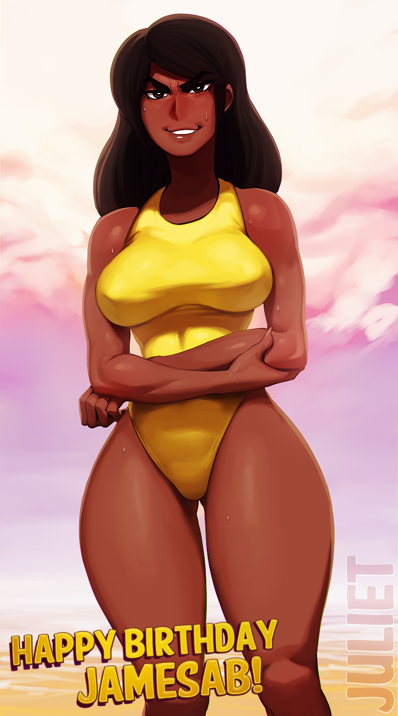 1girls, breasts, brown hair, dark skin, dark-skinned female, female, female only, large breasts, long hair, modeseven, smile, solo, standing, swimsuit, thick thighs