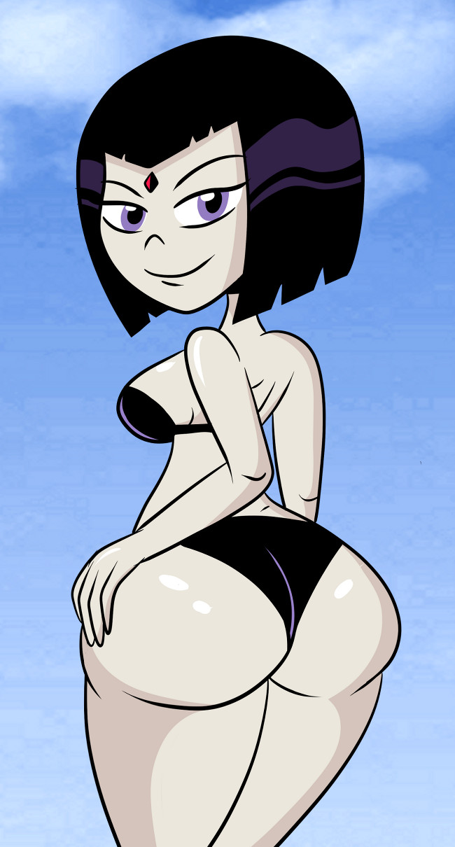 1girls, ass, back view, bell haircut, bikini, black bikini, black hair, bob cut, breasts, bubble ass, bubble butt, clothed, clothes, clouds, cowboy shot, dc, dc comics, female, female only, forehead jewel, goth, goth girl, hand on ass, happy female, huge ass, large breasts, outdoors, pale skin, purple hair, rachel roth, raven (dc), scobionicle99, short hair, sideboob, smile, solo, standing, straight hair, swimsuit, teen titans, teen titans go
