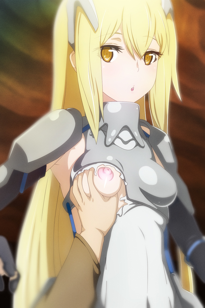 1boy 1girls aiz_wallenstein bell_cranel blonde_hair breast_grab breasts dungeon_ni_deai_wo_motomeru_no_wa_machigatteiru_darou_ka female long_hair male medium_breasts nipples rbx_lamen tagme yellow_eyes