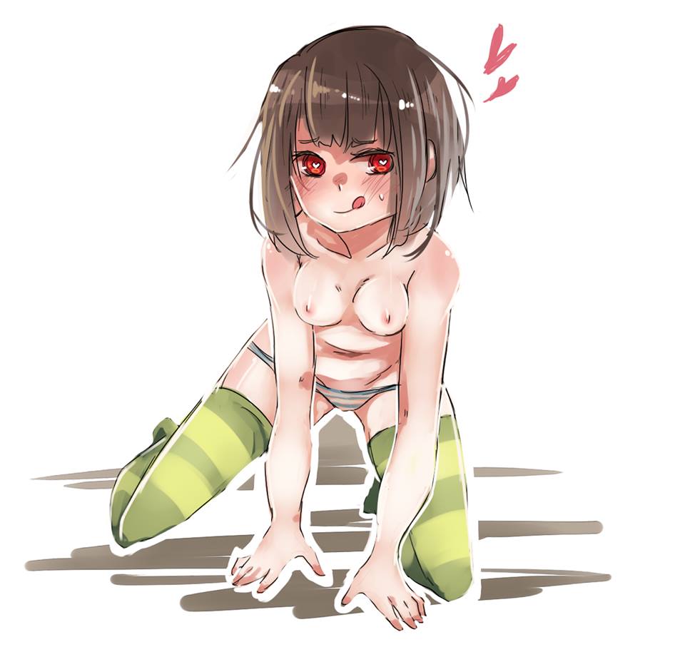 1girls 2d beige_skin breasts brown_hair chara cute female female_only heart heart-shaped_pupils human human_female human_only kneeling no_bra panties red_eyes short_hair small_breasts solo stockings striped_panties stripes tongue topless undertale undertale_(series) vertical-striped_panties vertical_stripes white_background willing