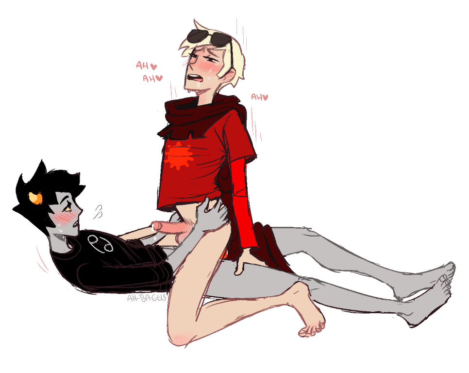 2boys ahbagels anal anal_sex black_hair blonde_hair blush clothing dave_strider gay grey_skin homestuck horns human interspecies karkat_vantas ms_paint_adventures open_mouth partially_clothed penis precum pubic_hair riding short_hair sunglasses teenager troll white_background white_skin yellow_eyes