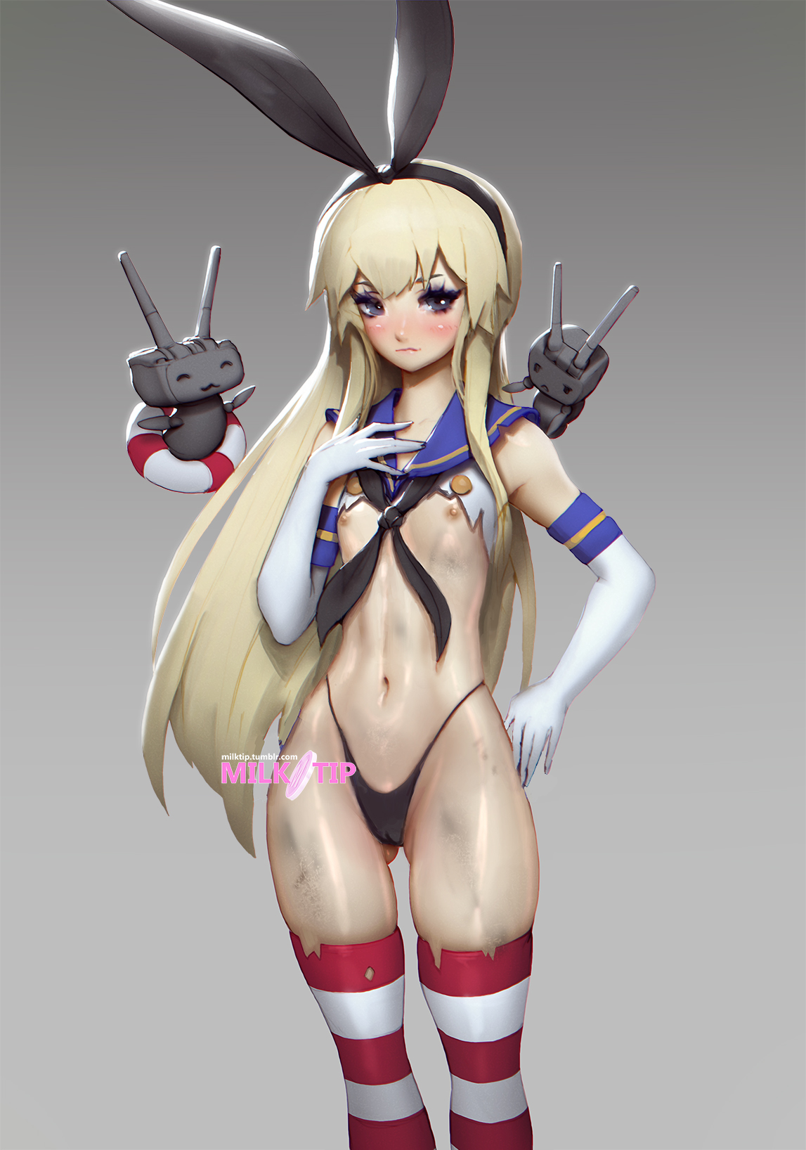 black panties, blonde hair, breasts, cameltoe, dirty, elbow gloves, female, flat chest, hairbow, kantai collection, navel, nipples, panties, paul kwon, pussy, sailor collar, shimakaze (kantai collection), solo, stomach, striped, striped legwear, thighhighs, thong, torn clothes, white gloves
