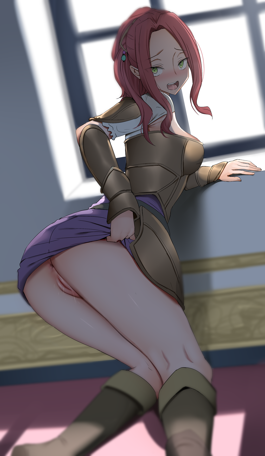 1girls 2019 anus ass bitch_(shield_hero) black_legwear blush boots breastplate brown_footwear female gauntlets green_eyes hair_ornament highres horny indoors inviting_to_sex kneeling kneepits lifted_by_self long_hair looking_at_viewer looking_back malty_s_melromarc nose_blush open_mouth pink_hair ponytail pussy pussy_juice ryu_jiao saliva short_sleeves shoulder_armor skirt skirt_lift slit_pupils tate_no_yuusha_no_nariagari the_rising_of_the_shield_hero thighs uncensored