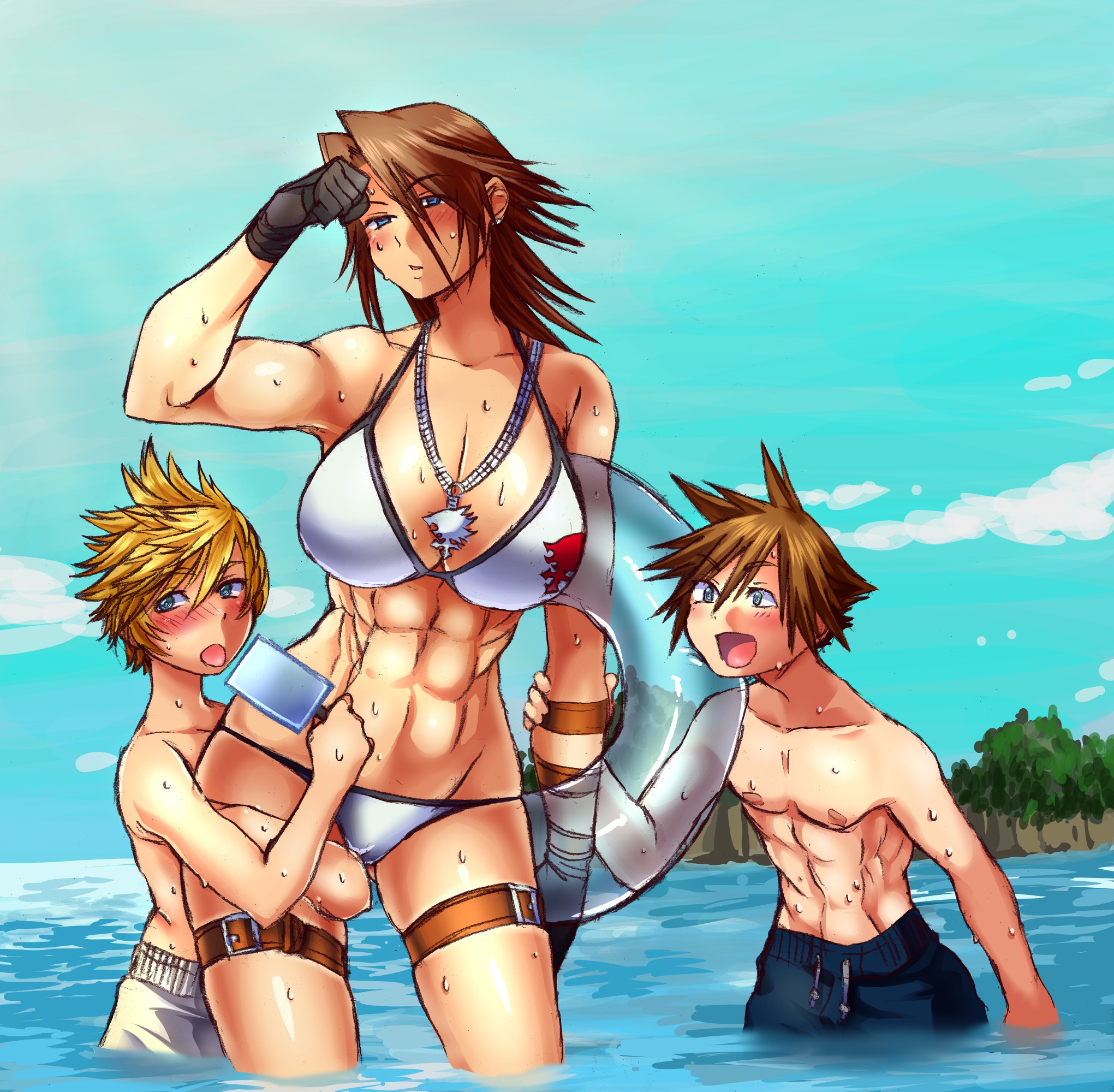 1girls, 2boys, abs, age difference, bikini, blonde hair, blue eyes, breasts, brown hair, buckle, cleavage, disney, female, final fantasy, final fantasy viii, fully clothed, genderswap, genderswap (mtf), gloves, hair, highres, human, innertube, jewelry, kasu yasuto, kingdom hearts, large breasts, male, multiple boys, multiple males, muscles, muscular, muscular female, necklace, outdoors, popsicle, roxas, rule 63, sora (kingdom hearts), squall leonhart, square enix, swim trunks, swimsuit, toned, wet