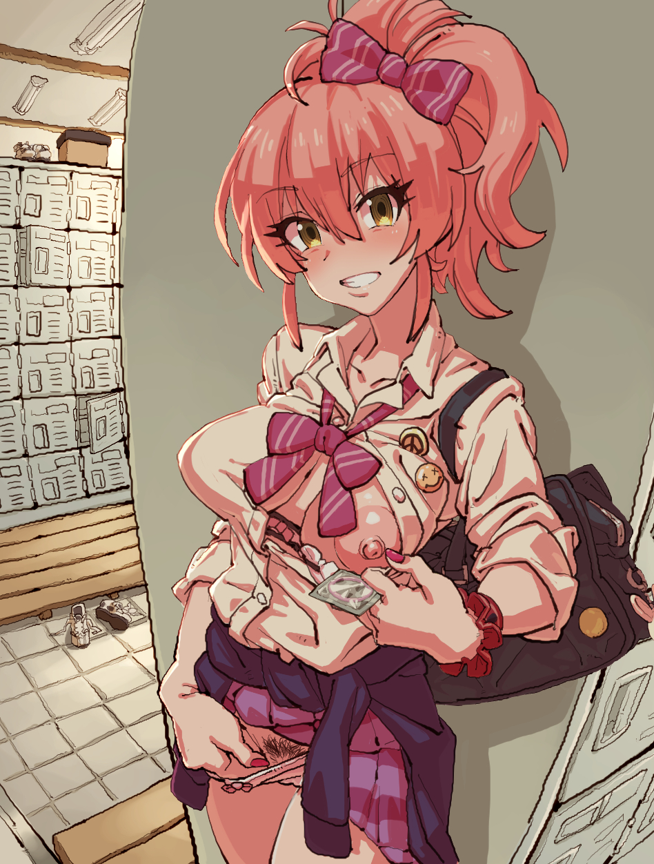 1girls areolae bag blush bra breasts condom dressing_room female female_only gaygoreau gyaru hair_ornament hair_ribbon idolmaster idolmaster_cinderella_girls invitation jougasaki_mika locker_room looking_at_viewer medium_breasts nail_polish neck_ribbon nipples one_breast_out oppai_challenge panties pink_hair pubic_hair public ribbon school_bag school_uniform shirt shoes skirt skirt_lift smile solo solo_focus sweater tied_hair underwear yellow_eyes