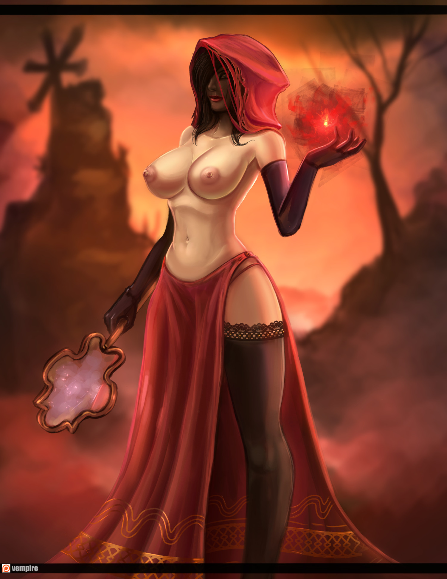 breasts, dark souls, dark souls 2, desert sorceress, female, fromsoftware, large breasts, navel, nipples, solo, vempire