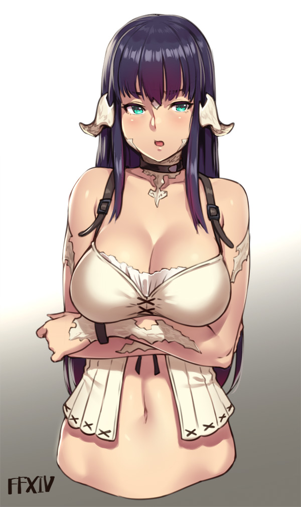 au ra, blue eyes, blue hair, breasts, choker, cleavage, female, final fantasy, final fantasy xiv, horns, houtengeki, large breasts, long hair, navel, raen, solo