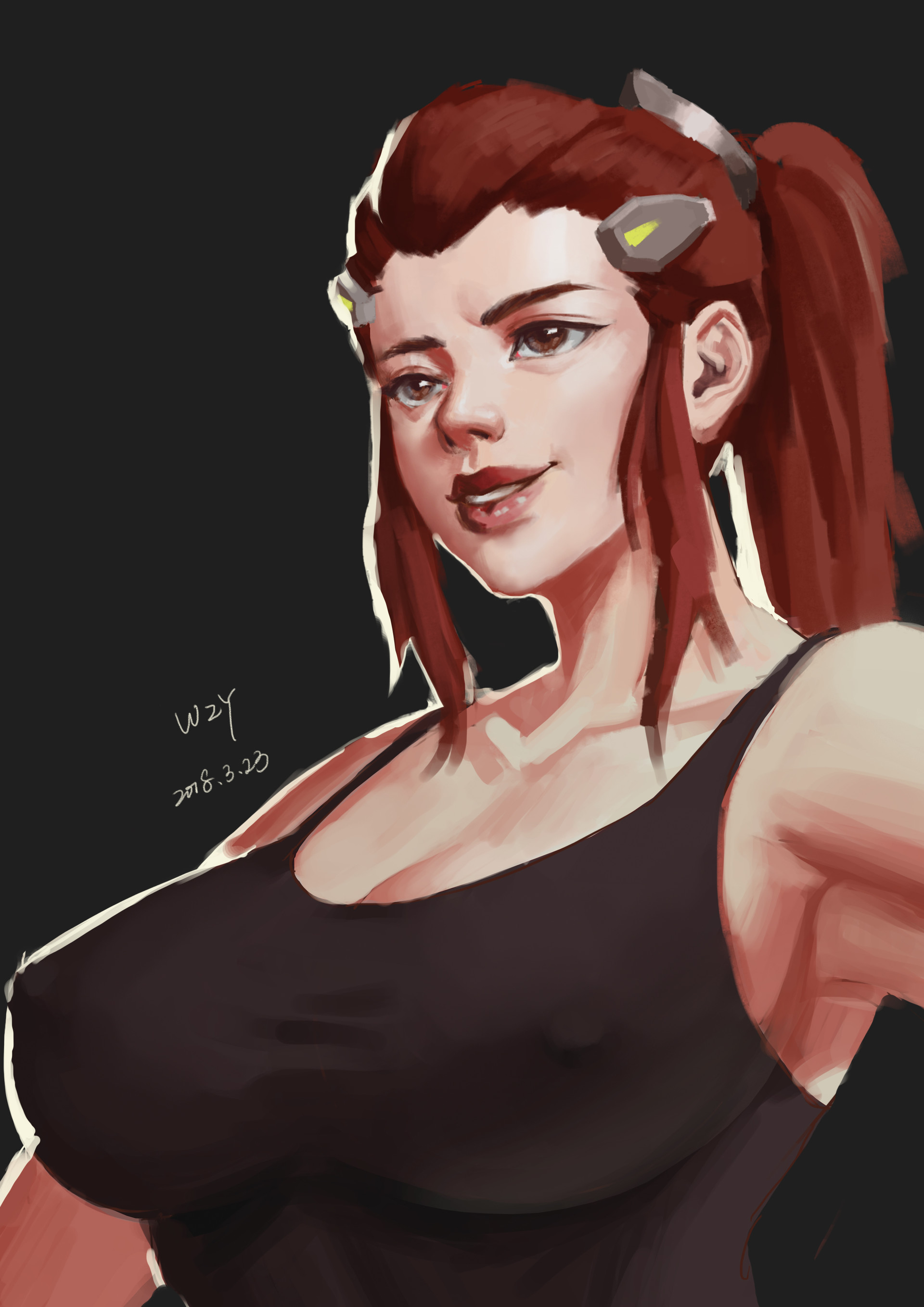 1girls, 2d, absurdres, bare shoulders, big breasts, breasts, brigitte, brigitte lindholm, brown hair, cleavage, erect nipples, face, female, female only, highres, nipples, no bra, overwatch, ponytail, portrait, smile, solo, solo focus, tank top