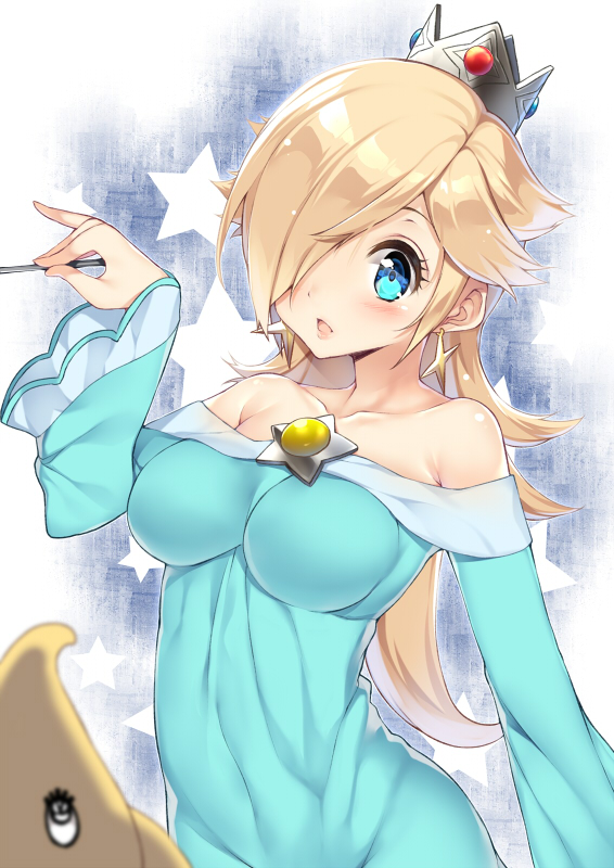:o, bare shoulders, blonde hair, blue eyes, blush, breasts, collarbone, crown, dress, earrings, female, hair over one eye, human, jewelry, large breasts, long hair, luma, mario (series), nintendo, princess rosalina, solo focus, super mario galaxy, yatsu (sasuraino)