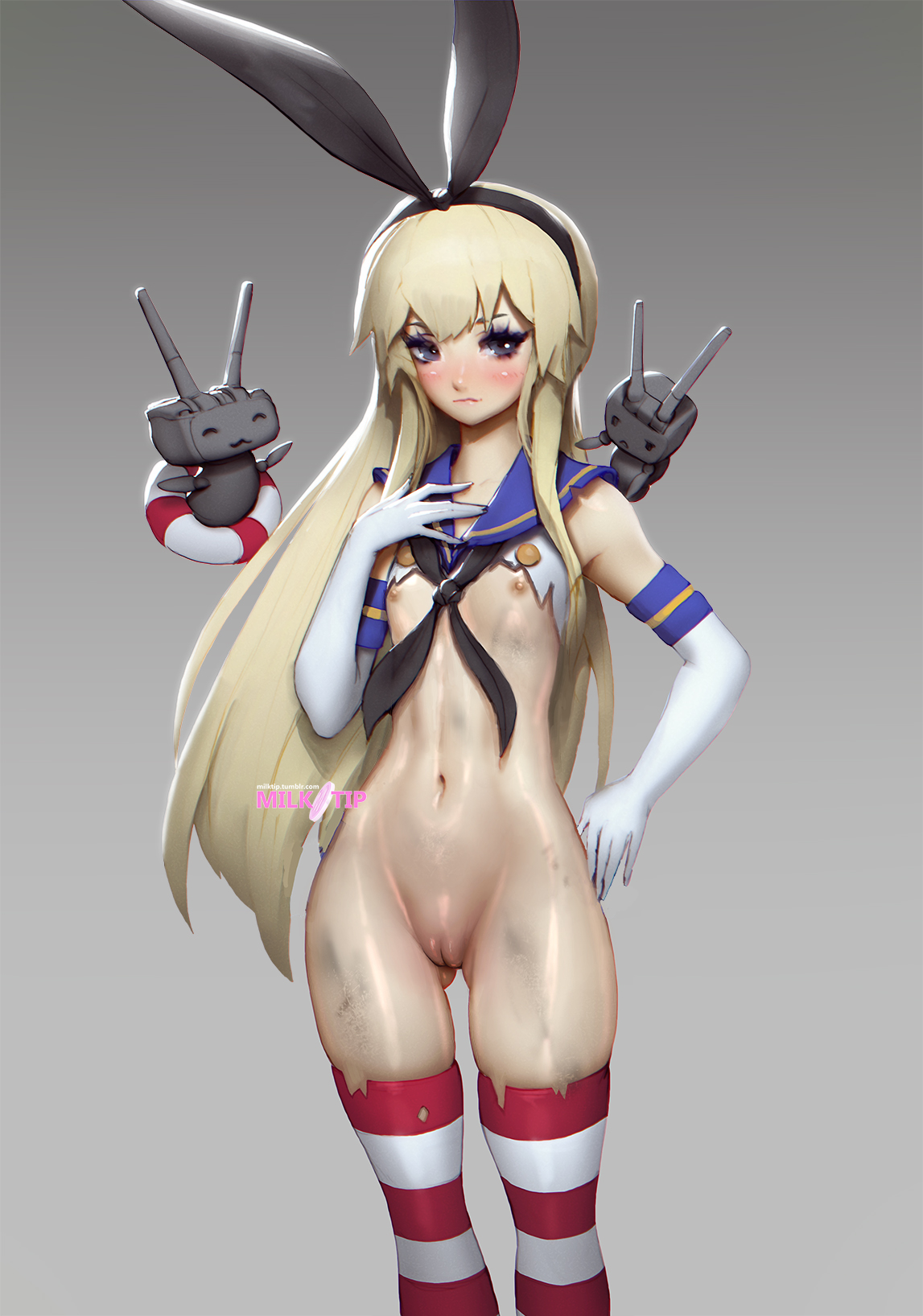 blonde hair, blush, breasts, dirt, elbow gloves, female, flat chest, gloves, kantai collection, long hair, navel, nipples, paul kwon, pussy, shimakaze (kantai collection), solo, standing, striped, striped legwear, thighhighs, torn clothes, zeronis