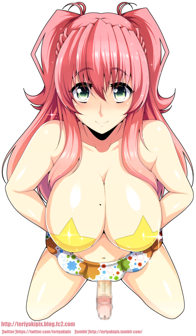 anzu_kuniyoshi balls braided_hair breasts busty censored cleavage female futa_only futanari green_eyes hiromin intersex large_breasts long_hair looking_at_viewer mole penis penis_under_skirt red_hair skirt testicles twintails voluptuous