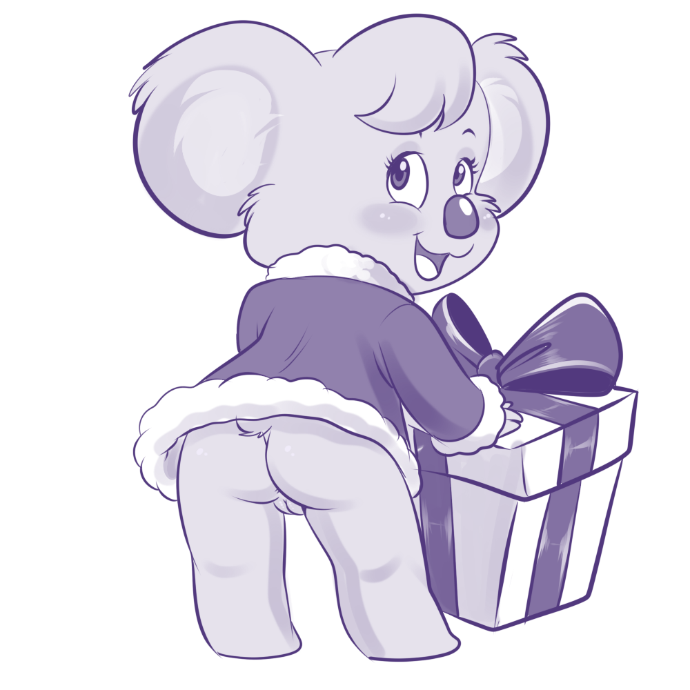 ass blinky_bill_(series) blush christmas costume female from_behind_position gift holidays koala lonbluewolf looking_back mammal marsupial monochrome nutsy pussy simple_background sketch solo