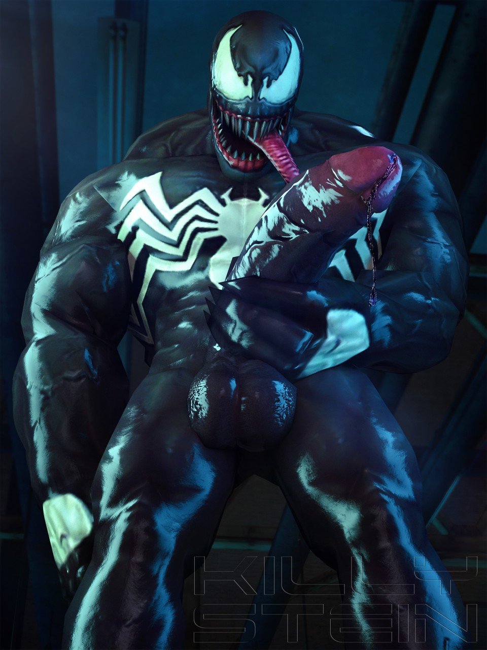 1boy, 3d, 3d (artwork), from below, gay, killystein, looking at viewer, male, male only, marvel, marvel comics, precum, presenting, solo, spider-man (series), venom (marvel)
