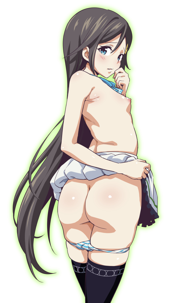 ass black_hair black_legwear blue_eyes blush female from_behind izumi_reina long_hair looking_at_viewer musaigen_no_phantom_world nipples panties panty_pull shin_(sin-maniax) skirt skirt_lift small_breasts solo thighhighs topless underwear very_long_hair