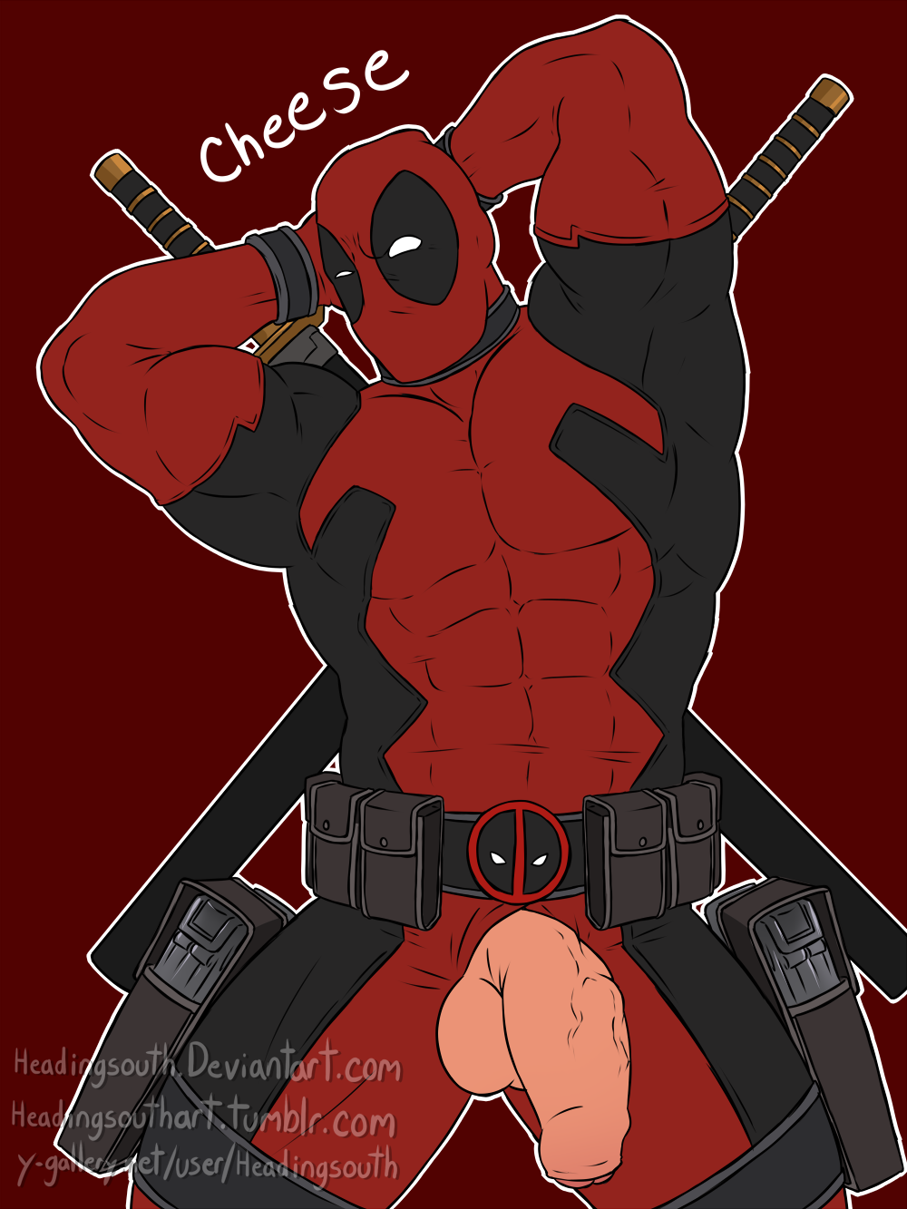 1boy 2015 bara bodysuit clothed deadpool flaccid foreskin hands_behind_head headingsouth human looking_at_viewer male male_only marvel masked muscles muscular penis penis_out posing presenting shaven skintight solo superhero testicles text uncut veins veiny_penis wade_wilson