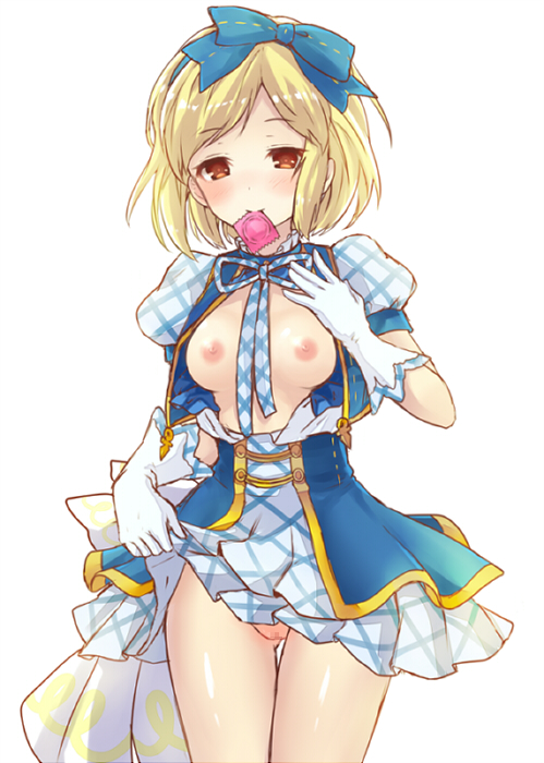 blonde_hair blush bow breasts censored condom condom_in_mouth djeeta_(granblue_fantasy) female gloves granblue_fantasy hairbow looking_at_viewer mosaic_censoring mouth_hold open_clothes orange_eyes plaid pussy ribbon ririnya00 short_hair skirt skirt_lift smile solo superstar_(granblue_fantasy) superstar_ex_(granblue_fantasy) white_background white_gloves