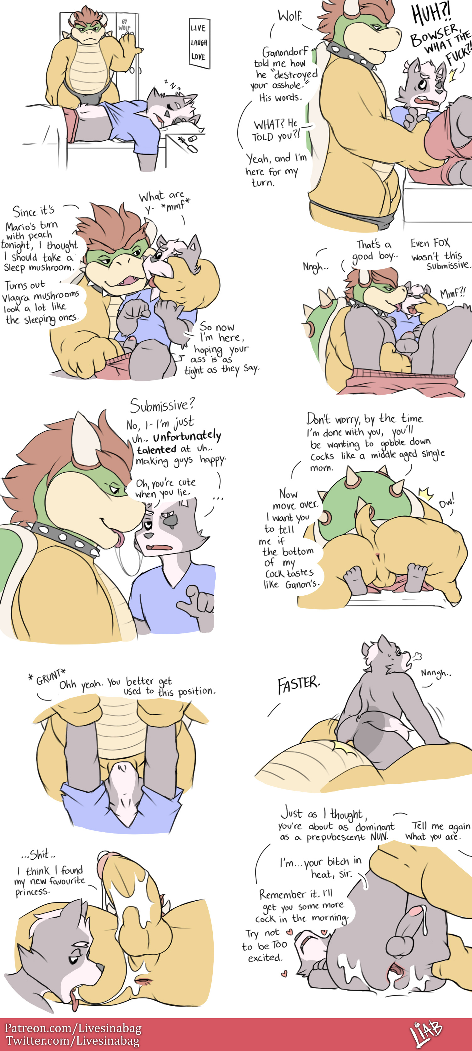 after sex, anal, anal sex, anilingus, anus, ass, balls, blowjob, bowser, canine, crossover, cum, cum in ass, cum in mouth, cum inside, deepthroat, face fucking, fellatio, finger in mouth, fingering, forced, forced oral, forced yaoi, furry, gay, kissing, koopa, livesinabag, male, male only, mario (series), nintendo, oral, oral sex, penetration, penis, rape, rimjob, rimming, saliva, saliva trail, sex, sleeping, spread mouth, star fox, sword swallowing position, tail, testicles, text, throat swabbing, tongue, tongue out, underwear, upside-down, wolf, wolf o'donnell, yaoi