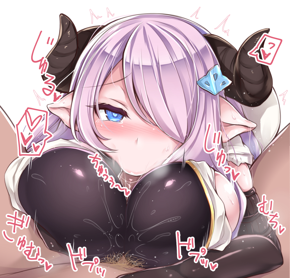 :>=, breasts, cleavage, draph race (granblue fantasy), fellatio, female, granblue fantasy, hair over one eye, heart, heart-shaped pupils, horns, large breasts, narmaya (granblue fantasy), oral, paizufella, paizuri, paizuri lead by female, pointy ears, symbol-shaped pupils