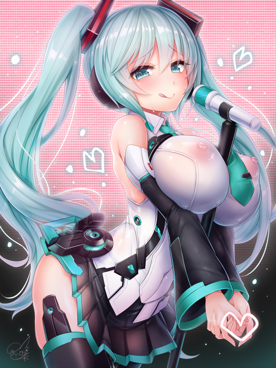 1girls alternate_breast_size aqua_eyes aqua_hair bed blush breasts closed_mouth cosplay covered_nipples detached_sleeves doyouwantto female frame_arms_girl full-face_blush gradient gradient_background happy hatsune_miku heart heart_hands highres large_breasts long_hair long_twintails looking_at_viewer lying microphone nipples no_bra pink_background see-through sexually_suggestive skirt solo thighhighs thighs tied_hair tongue tongue_out twintails v_arms very_long_hair vocaloid zettai_ryouiki