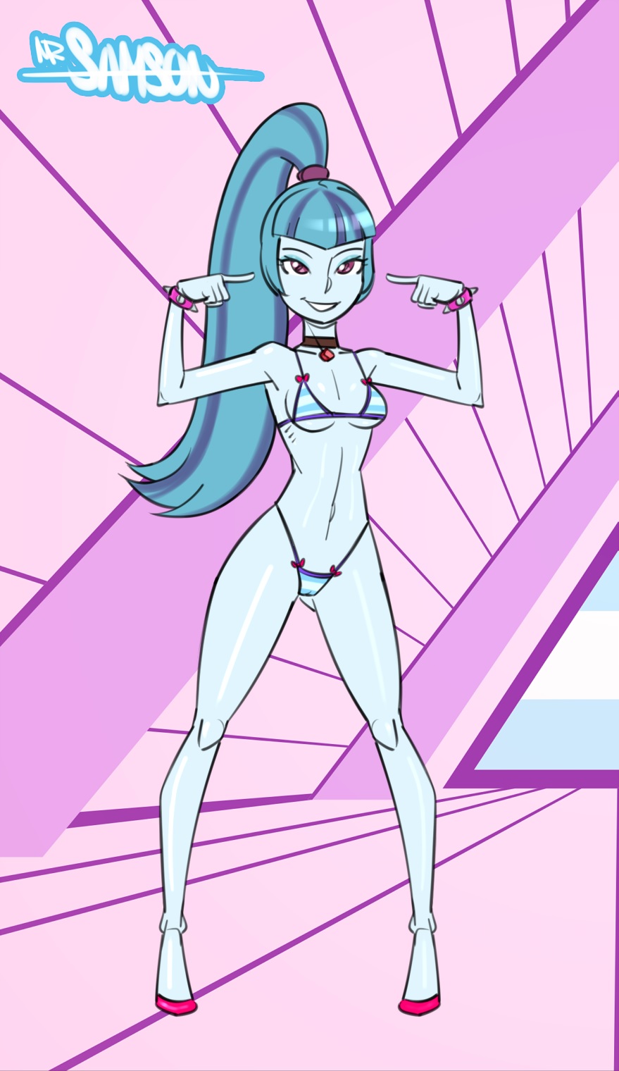 bikini, blue hair, bracelet, breasts, cameltoe, choker, equestria girls, eyelashes, eyeshadow, female, friendship is magic, gem, highleg, highleg bikini, human, humanized, long hair, looking at viewer, makeup, me!me!me!, meme (me!me!me!) (cosplay), my little pony, navel, pink eyes, pointing, ponytail, pussy, rainbow rocks, samson 00, smile, solo, sonata dusk, spiked bracelet, spikes, standing, striped, striped bikini, swimsuit, tied hair, two-tone hair