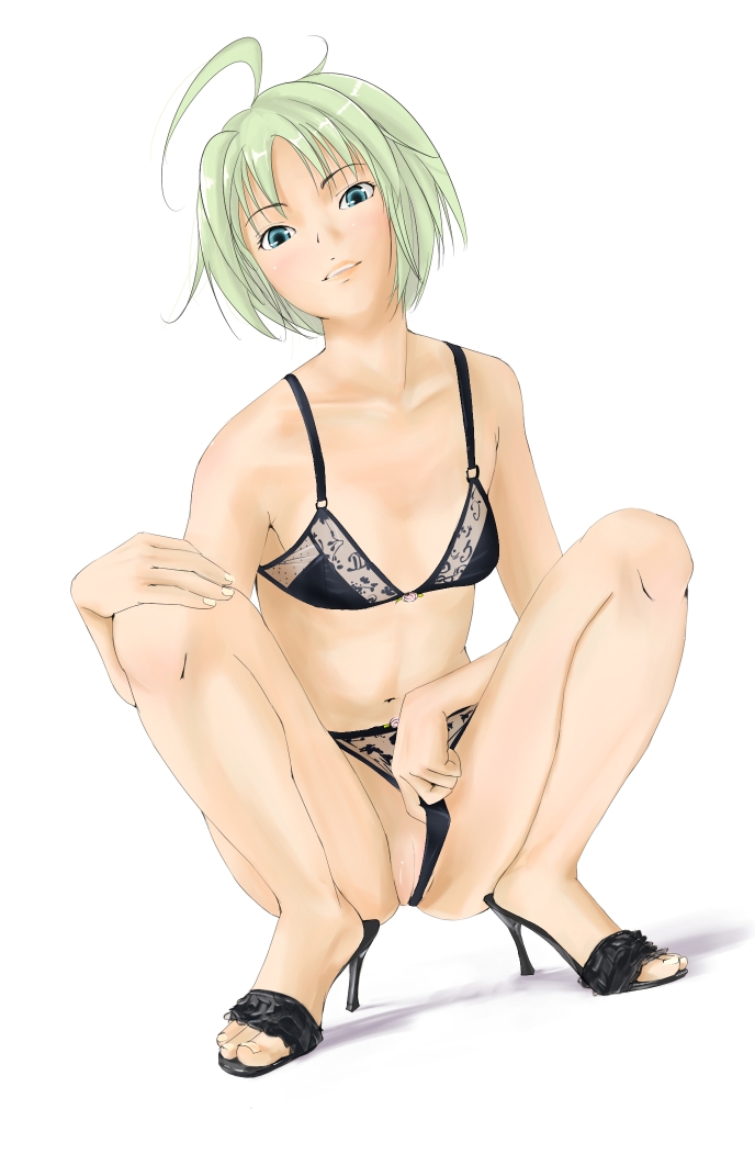 aqua_eyes blue_eyes copyright_request feet flat_chest flossing green_hair hawoku_ishibare high_heels lingerie midriff navel open_shoes open_toe_shoes panties panty_pull pussy shoes short_hair spread_legs squat squatting toes uncensored underwear wedgie white_hair