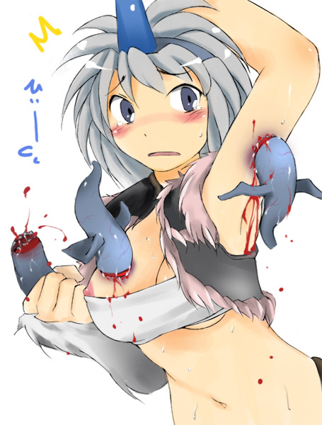 bandeau bandeau_bikini bite biting blood blue_eyes blush breasts color female grey_hair guro horn khezu_whelp kirin_(armor) large_breasts monster_hunter open_eyes open_mouth short_hair solo_focus standing sucking white_background