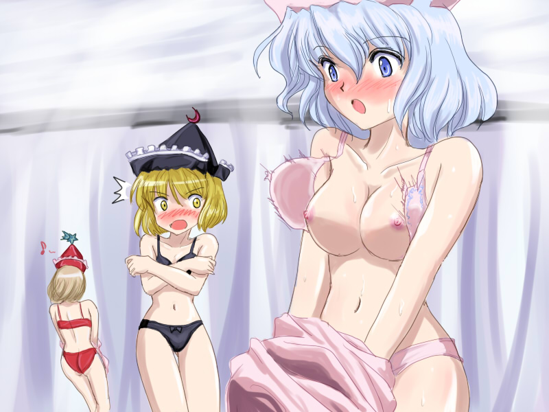 blonde_hair blue_hair blush breasts brown_hair covering embarrassed embarrassed_underwear_female embarrassed_undressed_female enf euf female female_only flx hat lingerie lunasa_prismriver lyrica_prismriver merlin_prismriver multiple_girls musical_note nipples siblings sisters surprised topless touhou underwear underwear_only undressing unfastened wardrobe_malfunction yellow_eyes