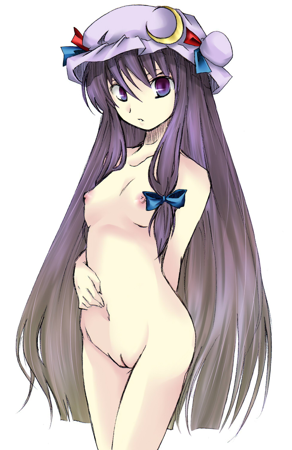 breasts female female_only flat_chest hair_ribbon hal_(haruna) hal_(pixiv53536) hat highres human long_hair nude patchouli_knowledge purple_eyes purple_hair pussy ribbon solo touhou uncensored