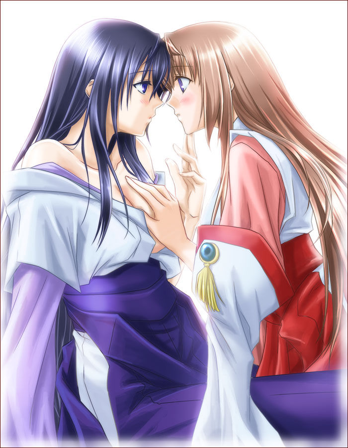 2girls bare_shoulders blonde_hair blue_eyes blue_hair blush breast_grab breasts chin_grab clothes clothing eye_contact female fervent_idiot forehead-to-forehead forehead_to_forehead hair hair_down hakama himemiya_chikane imminent_kiss japanese_clothes kannazuki_no_miko kissing kurusugawa_himeko long_hair long_sleeves looking_at_another multiple_girls profile purple_eyes sitting undressing yuri