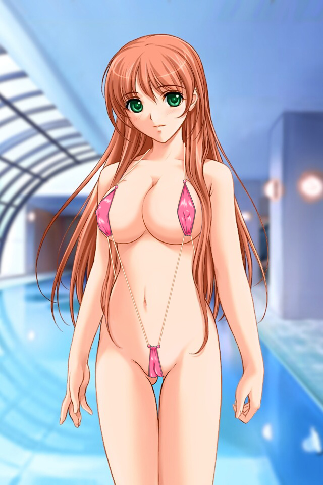 akibakei_kanojo aoi_ren ass bikini breasts cameltoe erect_nipples game_cg green_eyes large_breasts long_hair micro_bikini navel nipples pool red_hair sano_toshihide sling_bikini swimsuit thigh_gap thighs