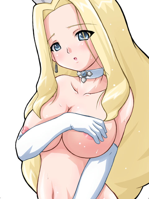 blonde_hair blue_eyes blush breast_hold breast_squeeze breasts choker covering elbow_gloves girutaabo gloves hagane_(artist) large_breasts long_hair mega_man mega_man_battle_network nipples nude nude_cover princess_pride sweat