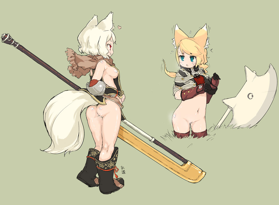 animal_ear ass axe blue_eyes bottomless breasts fantasy female female_only fox_ear multiple_girls navel no_panties original pussy randou sideboob sword tail thighhighs weapon white_hair yellow_eyes