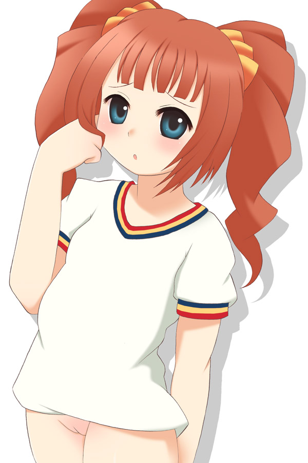 blue_eyes blush bottomless brown_hair idolmaster kurappii no_panties pussy red_hair solo takatsuki_yayoi tied_hair twintails