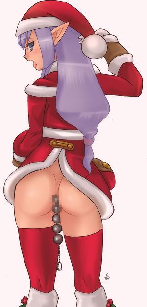 1girls anal anal_beads ass censored christmas cloritin female final_fantasy final_fantasy_xi long_hair pointy_ears prishe purple_eyes purple_hair thighhighs