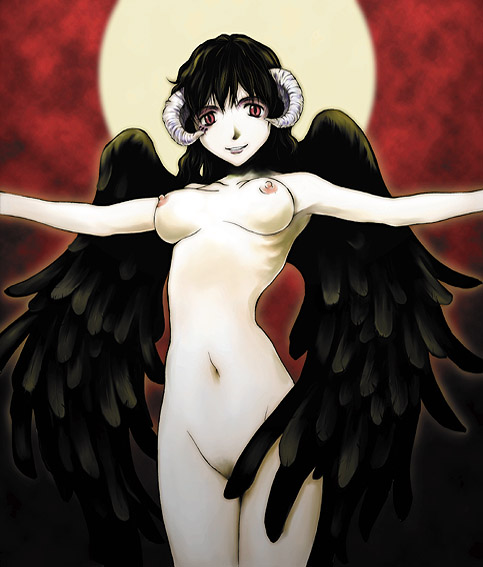 black_wings breasts copyright_request demon_girl horns navel nude red_eyes tamaoki_benkyou wings