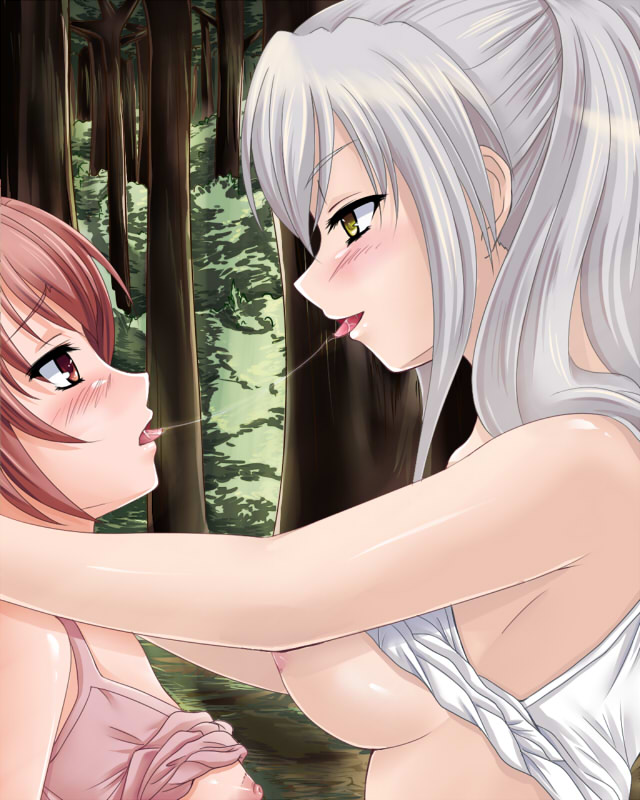 aoi_nagisa blush breasts female hanazono_shizuma hayami_kyuuen kissing multiple_girls nipples saliva shirt_lift sideboob strawberry_panic! yuri