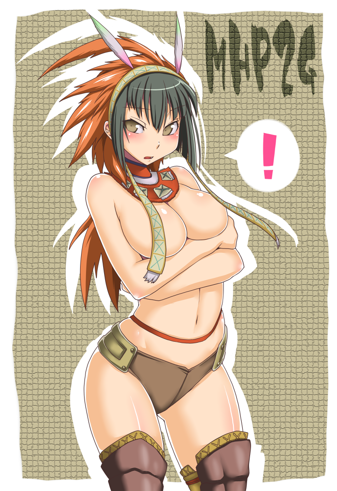 2011 bare_shoulders black_hair breasts brown_eyes capcom dark_skin feathers female hair_feathers hair_ornament headdress hypnocatrice_(armor) large_breasts monster_hunter ribbon senbei_(avocadochaya) short_hair straight topless