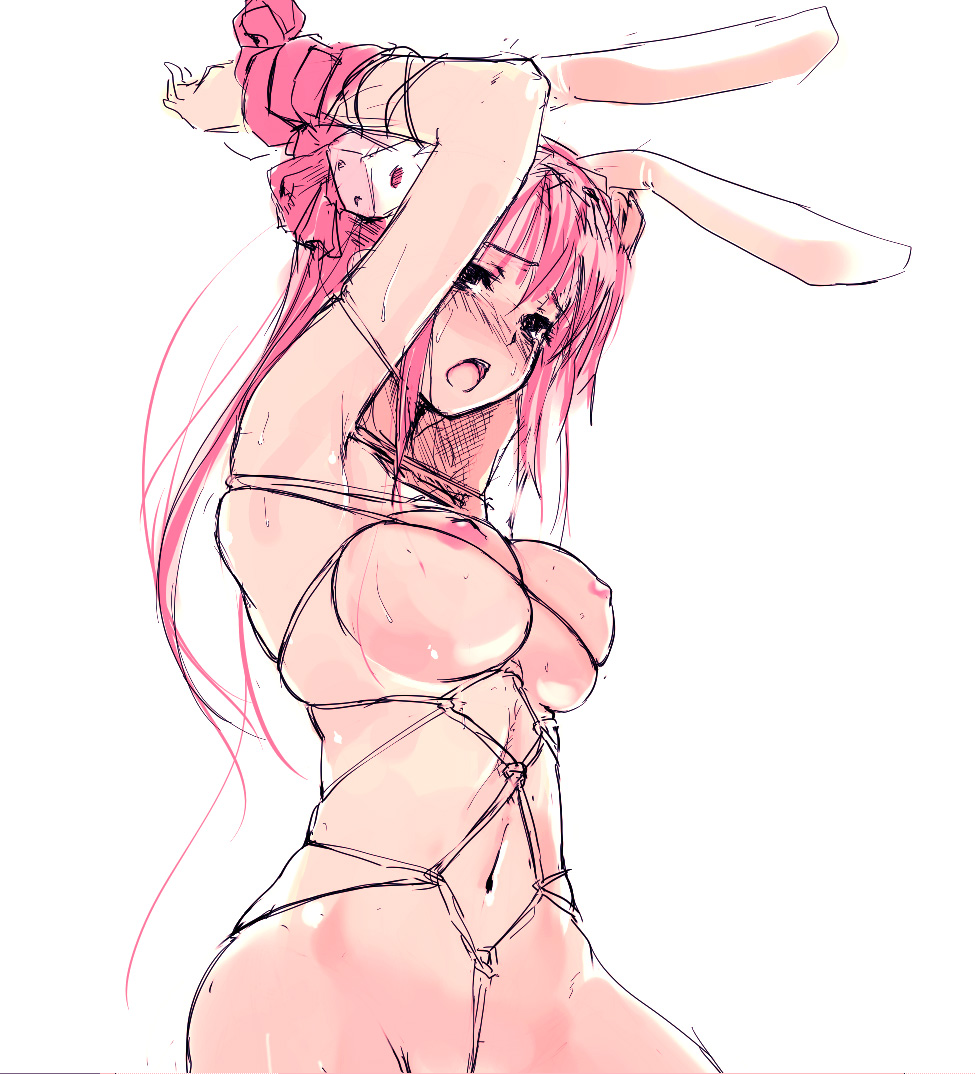 1girls animal_ears armpits bondage breasts bunny_ear bunny_ears di_gi_charat dice female human large_breasts light-skinned_female light_skin long_hair nipples nude pink_hair refeia sketch twintails usada_hikaru