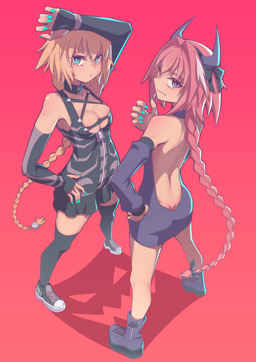 astolfo (fate), blue eyes, fate (series), fate/grand order, female, femboy, halloween, hej, jeanne d'arc (fate), male, male ass focus, mature, oc, original, otoko no ko, pink eyes, pink hair, pose, solo female