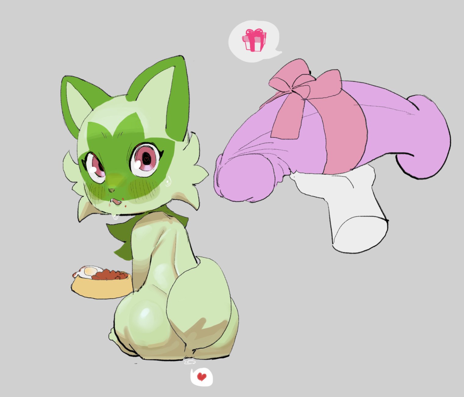 anal, anal suggest, blush, bowl, dildo, female, furry, generation 9 pokemon, gift, green fur, hi res, pet bowl, pokemon, purple eyes, sex toy, skeleton265, sprigatito