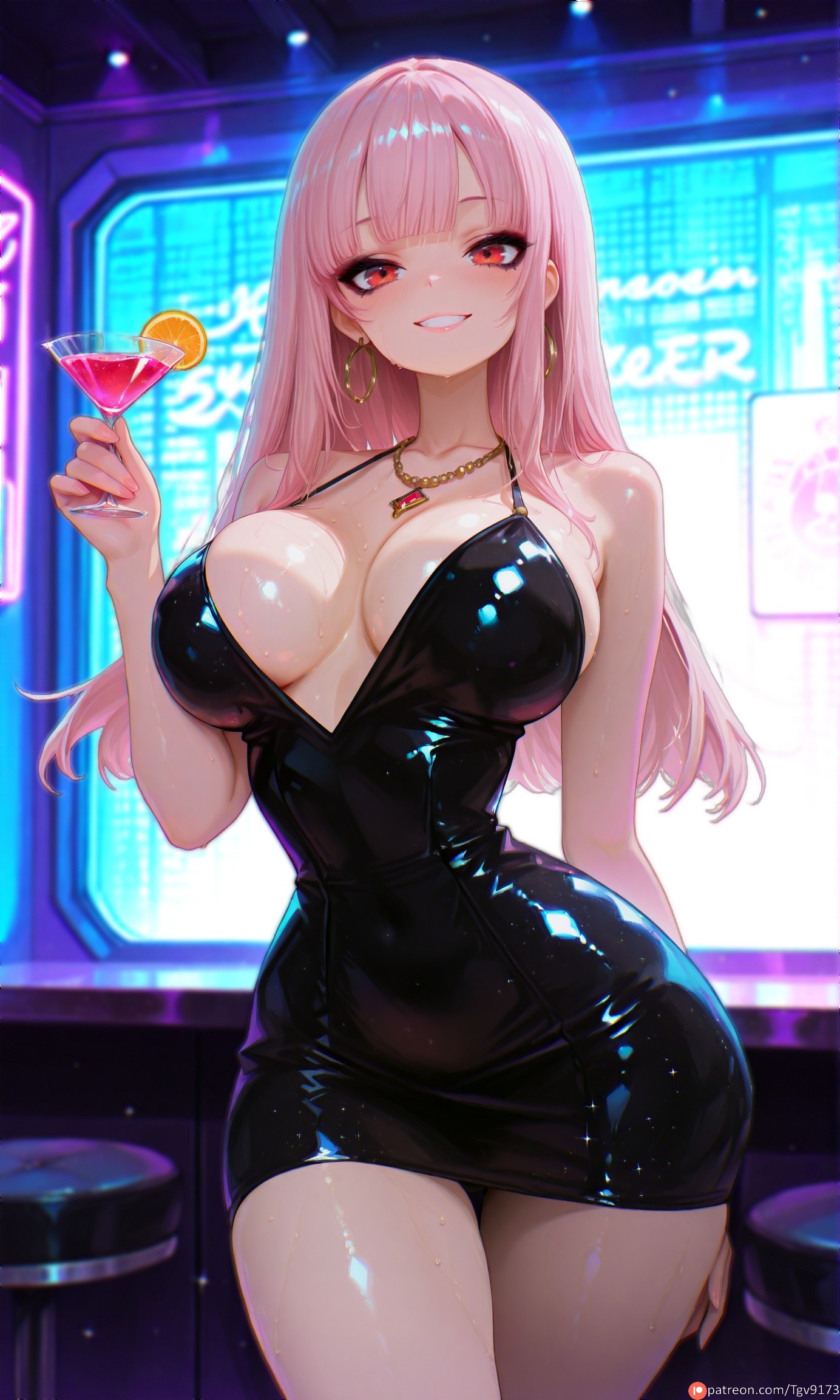 ai generated, bangs, bare shoulders, black dress, blunt bangs, blush, breasts, cleavage, club, cocktail glass, collarbone, covered navel, cowboy shot, cup, dress, drinking glass, earrings, female, food, fruit, grin, halterneck, holding, holding cup, hololive, hololive english, hololive myth, hoop earrings, indoors, jewelry, large breasts, little black dress, long hair, looking at viewer, mori calliope, nail polish, necklace, parted lips, pink hair, red eyes, shiny, shiny clothes, shiny skin, short dress, smile, solo, standing, tgv9173, thighs, virtual youtuber