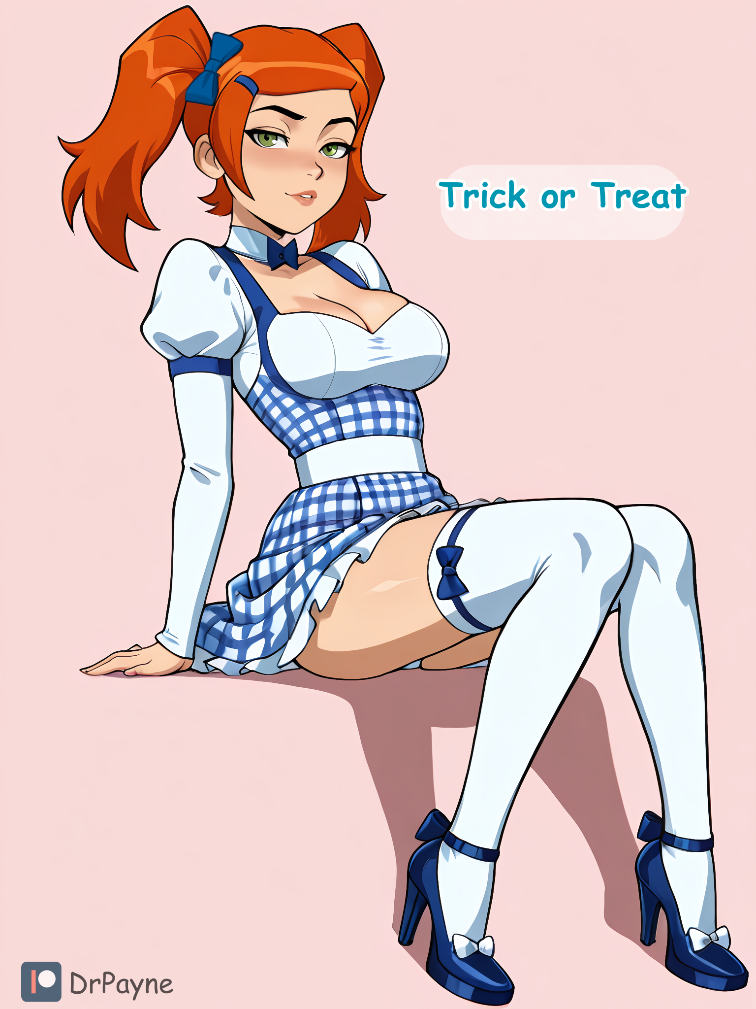 ai generated, ben 10, ben 10 (classic), blush, bow in hair, breasts, cleavage, comic, cosplay, costume, doctor payne, english text, female, gwen tennyson, gwen tennyson (classic), halloween, halloween costume, halloween theme, high heels, looking at viewer, page 1, portrait, sitting, sortaplaymates, tagme, thick thighs, twintails, white legwear, zettai ryouiki
