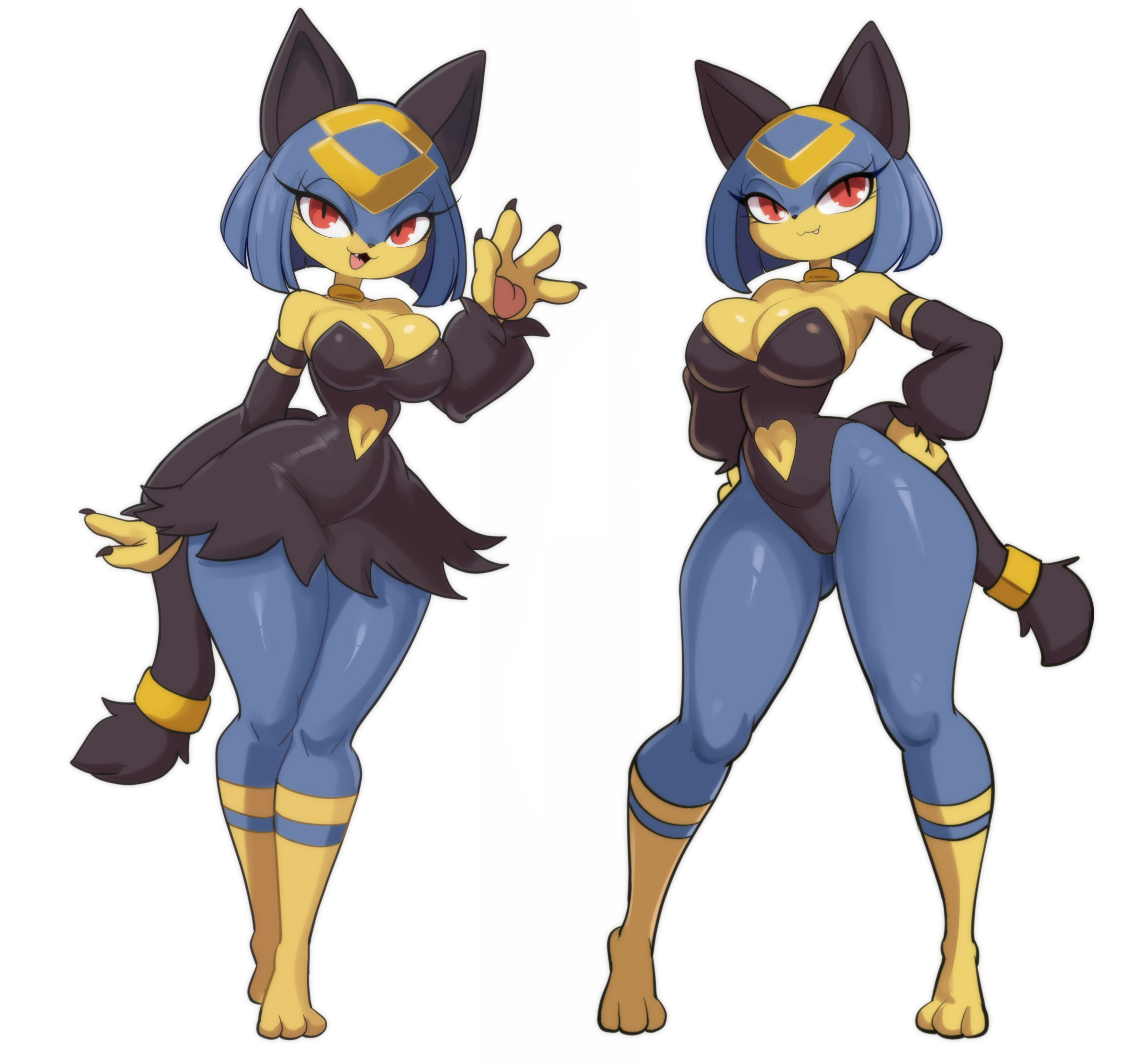 absurd res, anthro, black clothing, black dress, blue body, blue hair, breasts, cleavage, clothed, clothing, dress, eyelashes, fangs, felid, feline, female, gesture, hair, hi res, leotard, looking at viewer, lucyfercomic, mammal, multicolored body, navel, neck ring, open mouth, open smile, pal (species), palworld, pocketpair, red eyes, sekhmet (pal), sequence, short hair, simple background, smile, solo, tail, teeth, two tone body, waving, waving at viewer, white background, yellow body