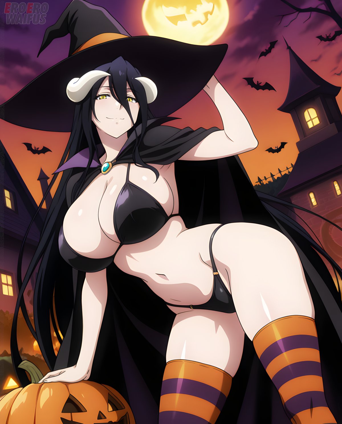 ai generated, albedo (overlord), bare thighs, bikini, black hair, breasts, demon girl, demon horns, eroero waifus, female, gigantic breasts, halloween, horn, horns, huge breasts, huge thighs, light skin, light-skinned female, long hair, looking at viewer, massive breasts, mature female, overlord (maruyama), smiling, solo female, squatting, stockings, sweat, sweatdrop, thick body, thick female, thick thighs, thighs, voluptuous, voluptuous female, witch hat, yellow eyes