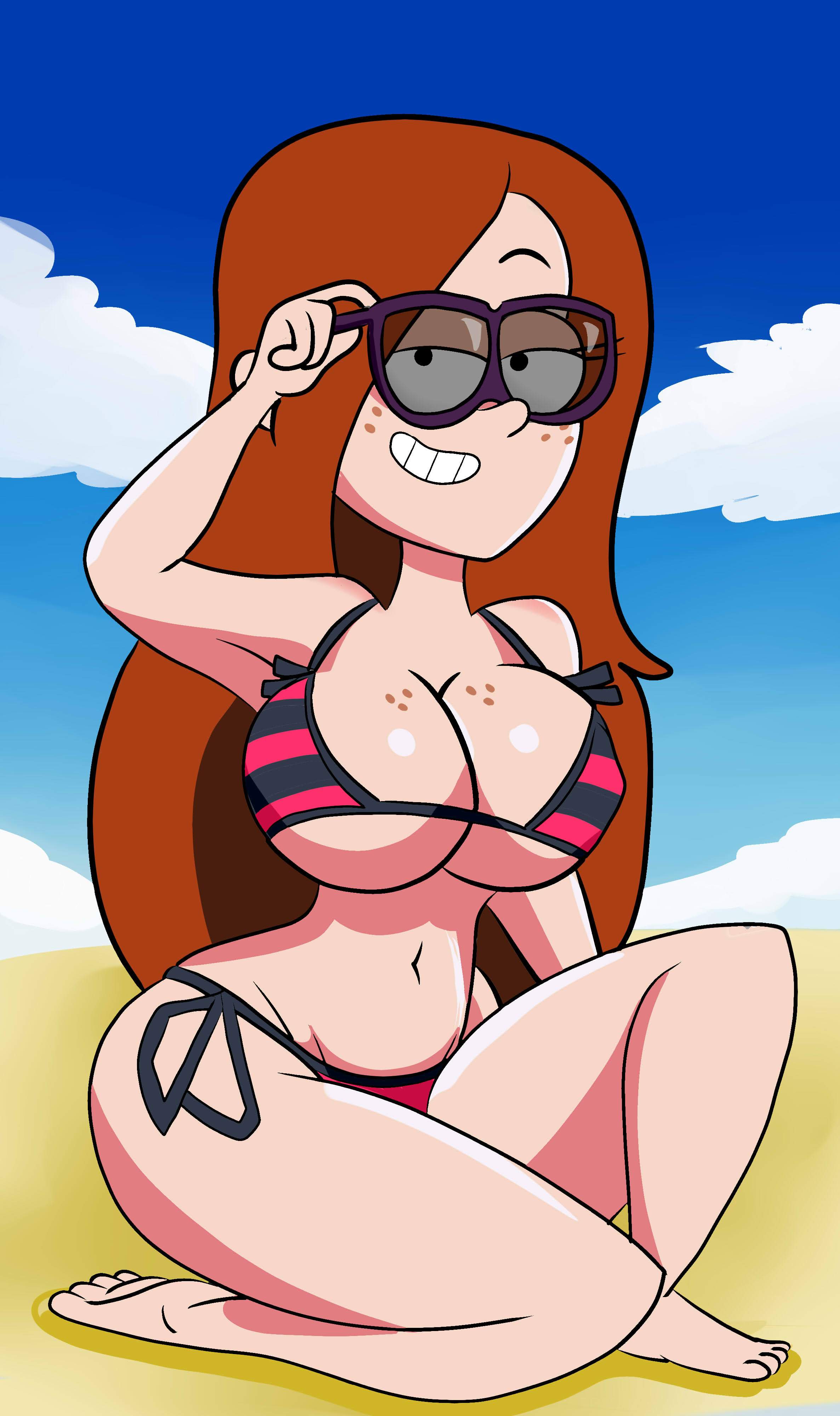 1girls, adjusting eyewear, adjusting glasses, alternate version available, barefoot, beach, bean smile, big breasts, bikini, black eyes, breasts, busty, cleavage, curvy, disney channel, feet, female, female focus, female only, freckles, ginger, ginger female, ginger hair, gravity falls, hourglass figure, kneeling, large breasts, long hair, looking at viewer, navel, outdoors, red hair, redhead, redhead female, roco340, shiny breasts, smile, solo, straight hair, striped bikini, sunglasses, tinted eyewear, wendy corduroy, wide hips