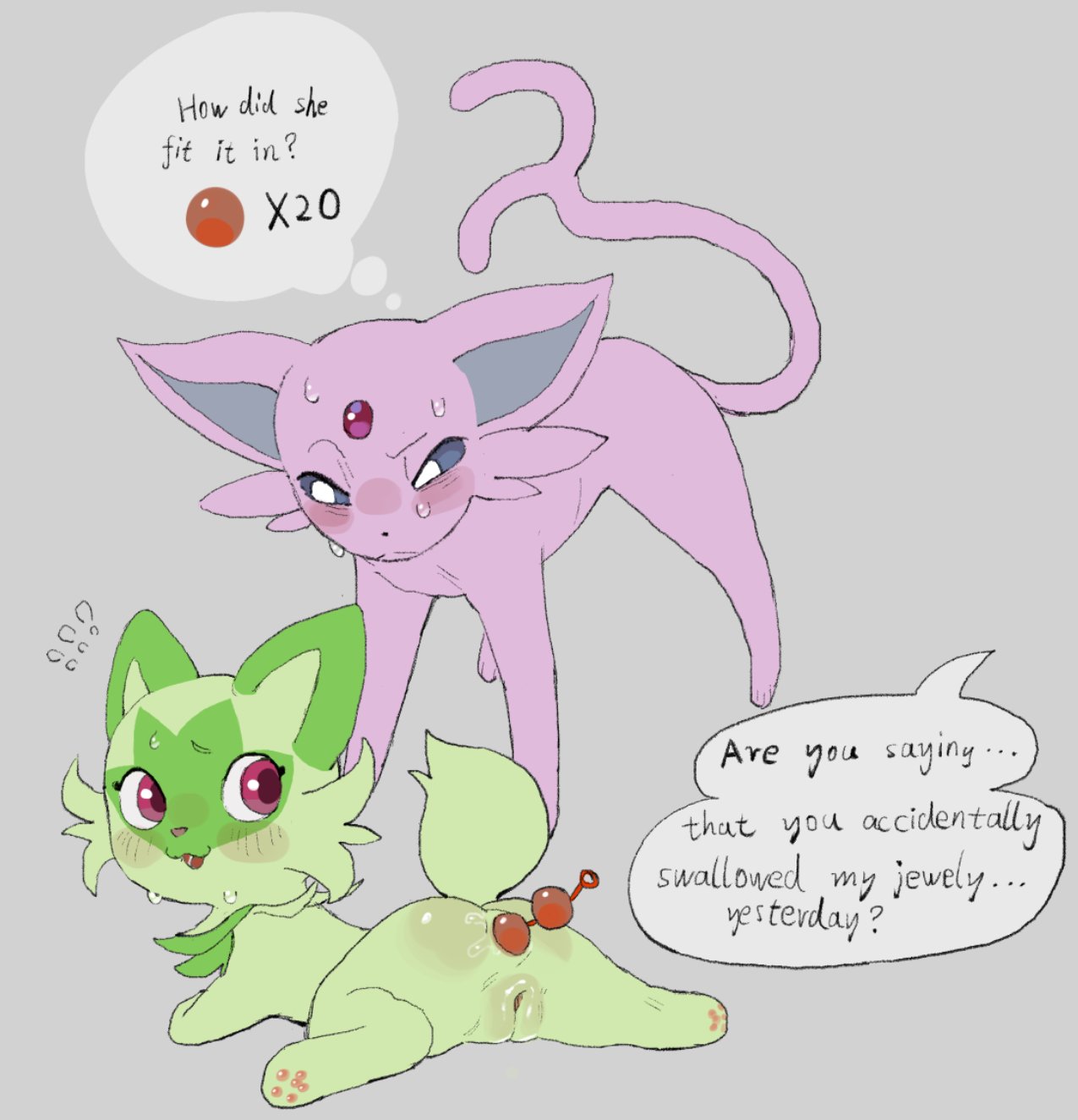 2girls, anal beads, anal beads in ass, blue eyes, blush, eeveelution, english text, espeon, female, furry, generation 2 pokemon, generation 9 pokemon, green fur, hi res, pokemon, purple eyes, purple fur, sex toy, sex toy in ass, skeleton265, sprigatito, sweat, text, text bubble, thought bubble