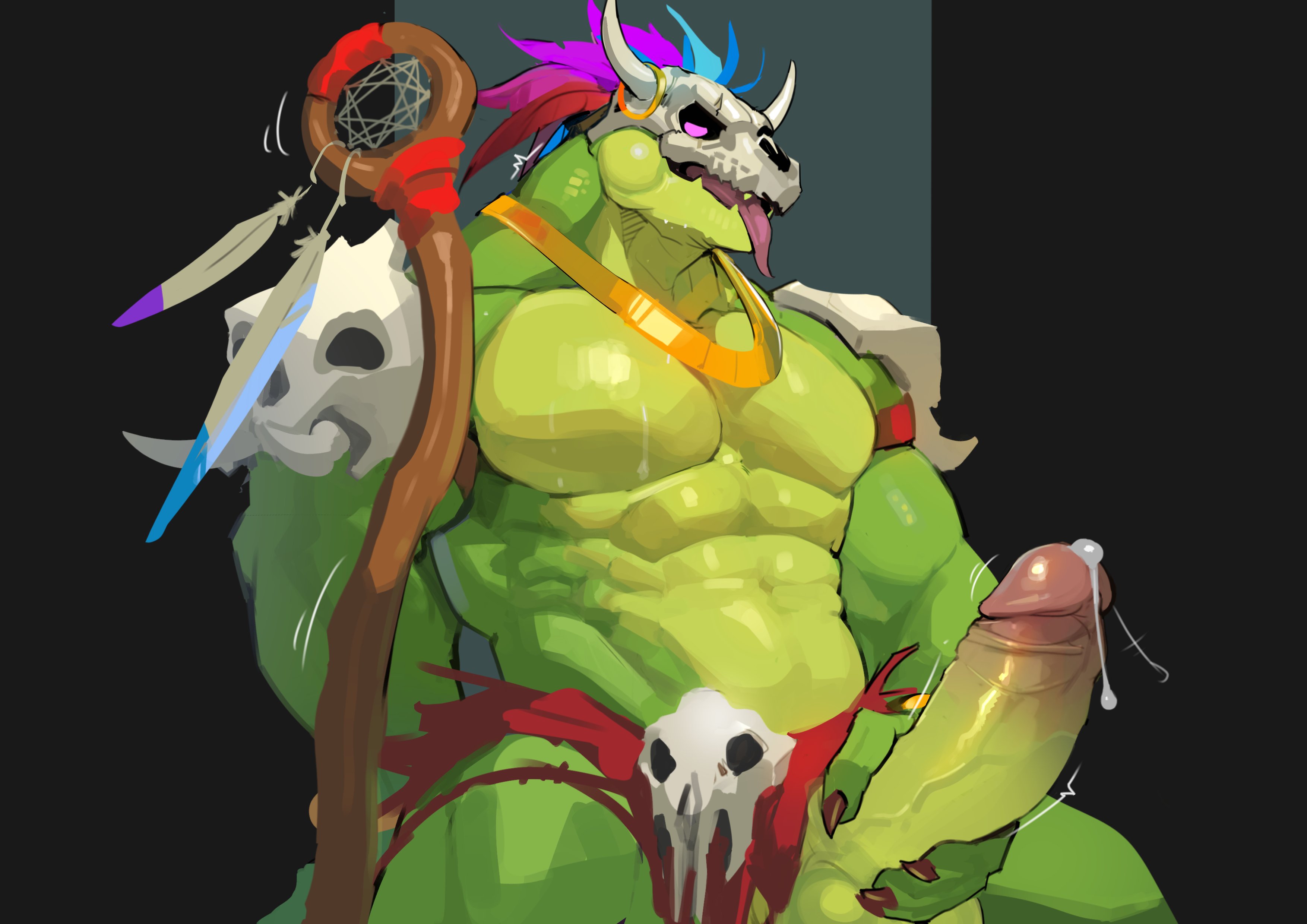 abs, absurd res, anthro, aroused face, balls, biceps, bodily fluids, bone, bone mask, boner, clothing, dendryte axxon, digital drawing (artwork), digital media (artwork), erection, genital fluids, genitals, glans, green body, hi res, humanoid genitalia, humanoid penis, lihzahrd, lizard, male, male only, mask, masturbation, muscular, muscular anthro, muscular arms, muscular male, muscular thighs, nude, pecs, penis, precum, reptile, scalie, serratus, simple background, skull, skull mask, solo, terraria, triceps, witch doctor (terraria)